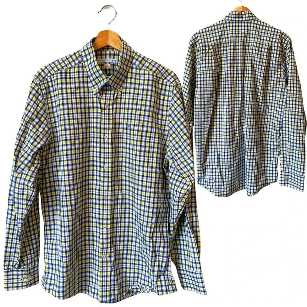 Southern Tide Men's Medium Long Sleeve Tailored Plaid Button Down Shirt Yellow